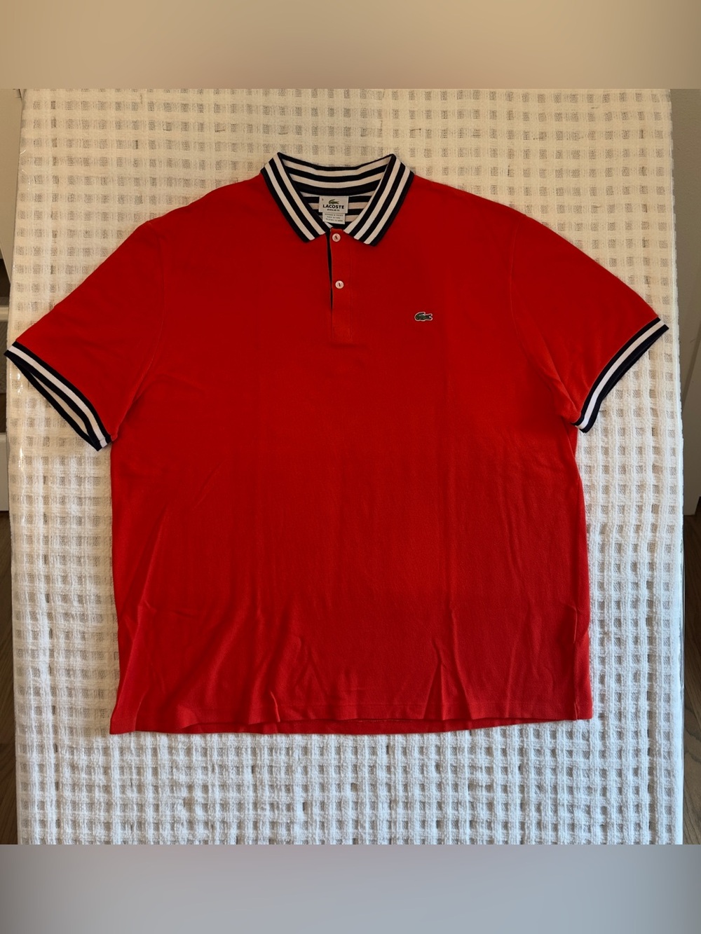 Lacoste Red Polo with Black & White Striped Collar 31”Tall,26”wide,11 sleeve